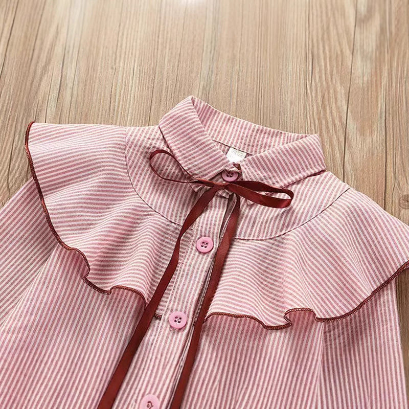 Girl shirtfleece-lined stylenew arrivalk-stylestripes lapel shirtruffles children's spring & fallcardigantops