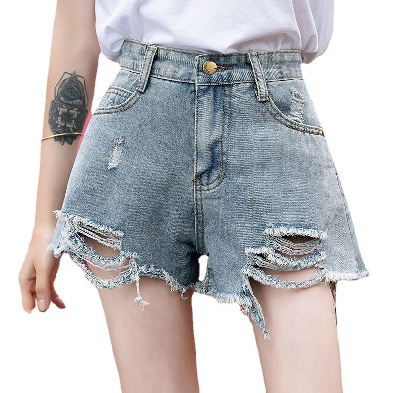 Distressed denim shorts - new korean style, fashionable & versatile, hand-weathered wash, high-waisted wide leg shorts for women