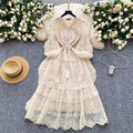 French chic high-end elegant dress - women's premium tie-waist lantern sleeve embroidered mesh a-line midi dress