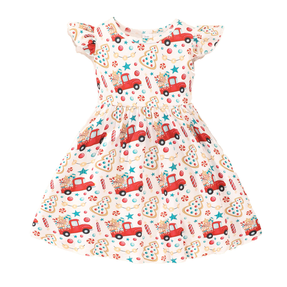 Festive kids' flutter sleeve dinosaur heart print dress