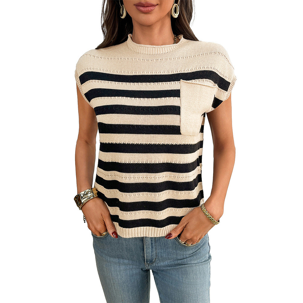 2025 summer new  European and American women's clothing  women's crew neck top thick needle casual striped sweater