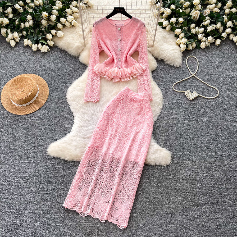 French chic lace cutout elegant two-piece set for women -  spring/autumn slim-fit high-end style