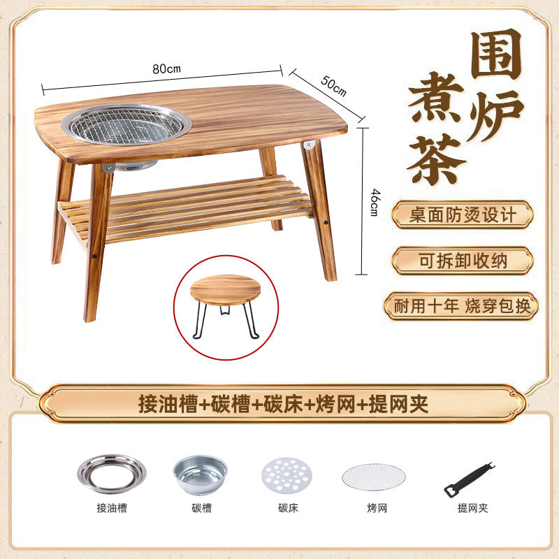 Household outdoor multifunctional solid wood desktop stove foldable storage barbecue grill barbecue stove camping style stove tea table