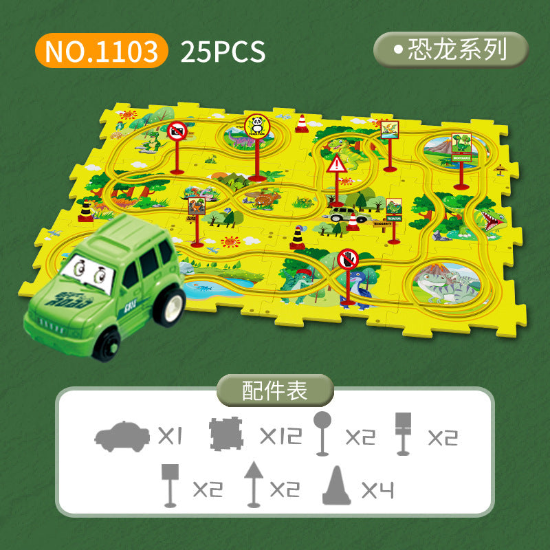 Diy children's educational track car set - multiple scene city map building electric puzzle track car