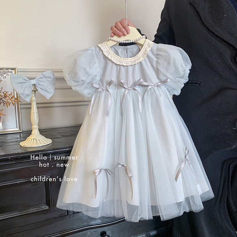 new girls' summer dress: stylish and trendy bubble sleeve mesh dress - sweet and elegant princess style