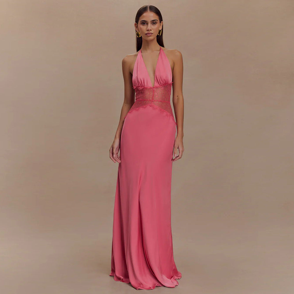 summer new arrivals: women's deep v backless maxi dress - lace, sheer, sexy, and slim-fit for cross-border e-commerce