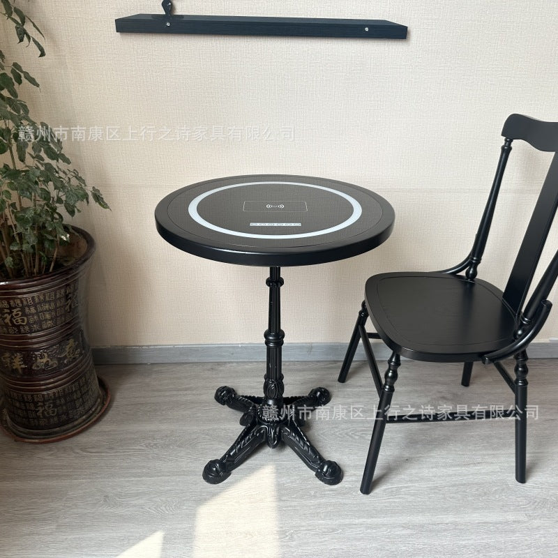 Hotel negotiation table retro dining table with wireless charging bluetooth audio all solid wood desktop small round table desk