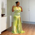 European and american cross-border african women's clothing  summer new arrival: elegant printed v-neck slim-fit slit maxi dress