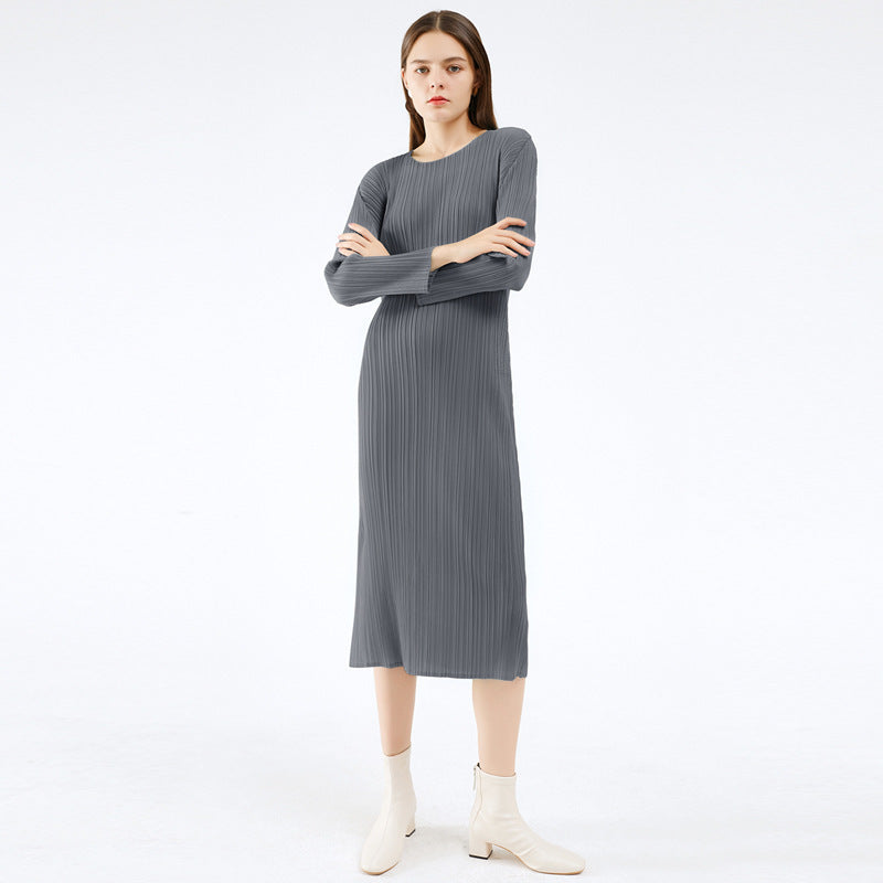 Amazon women's  european and american classic pleated long sleeve solid color midi slim fit slit dress
