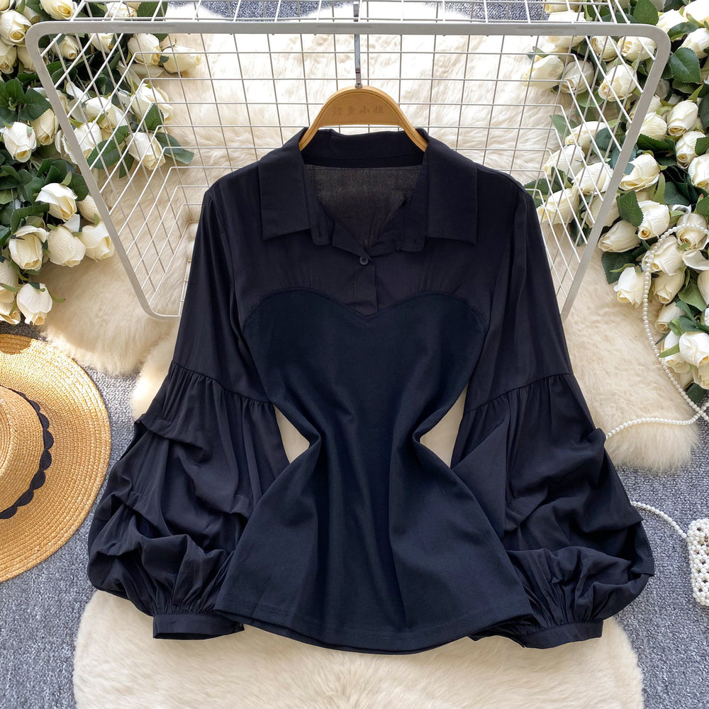 French-inspired, faux two-piece top for women, perfect for autumn. features a soft, feminine style with pleated lantern sleeves and a flattering, slim-fit design. a trendy and chic blouse