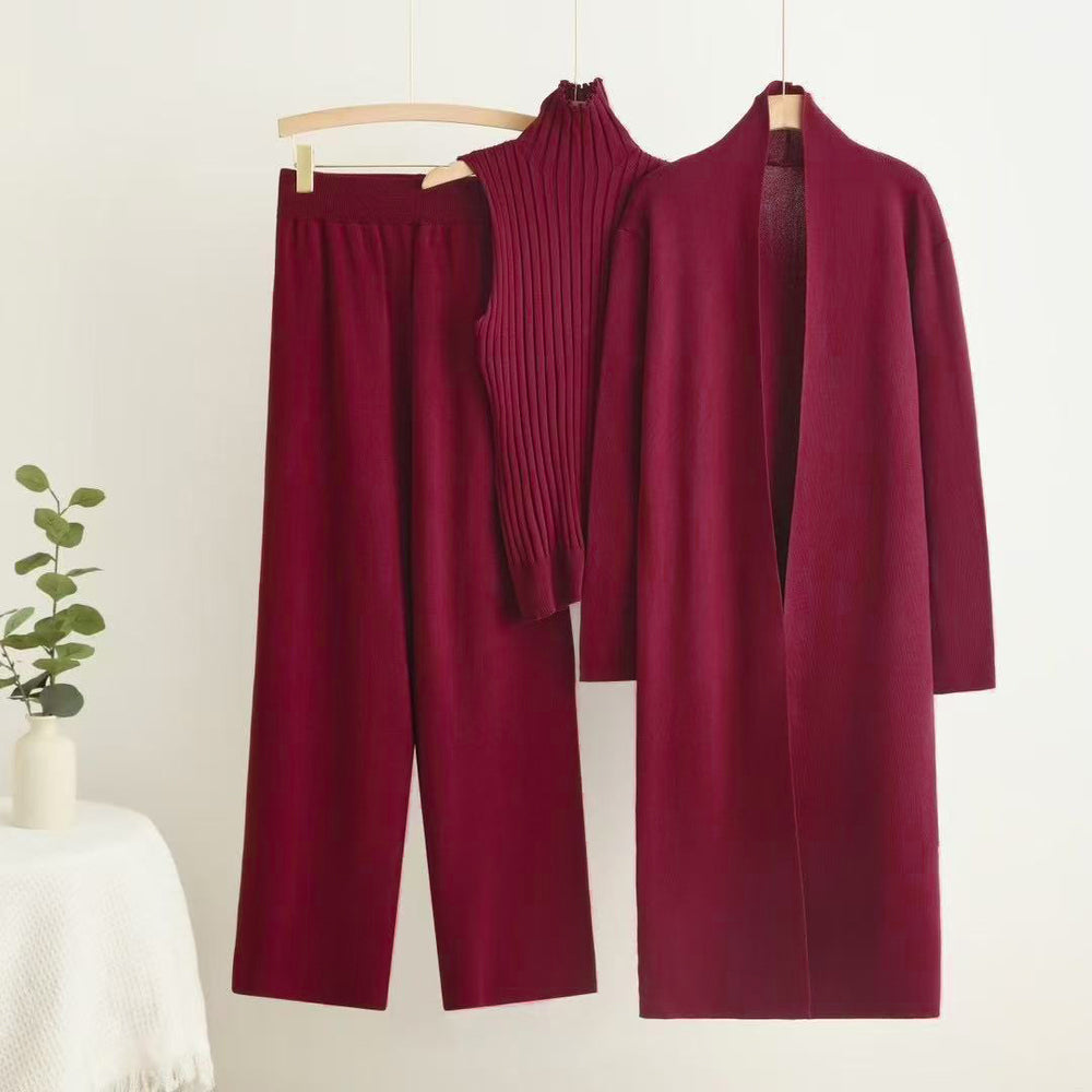 fashionloosecasualknittingsuit women's long shawl cardigan + turtleneck sweater + loose pants three-piece set