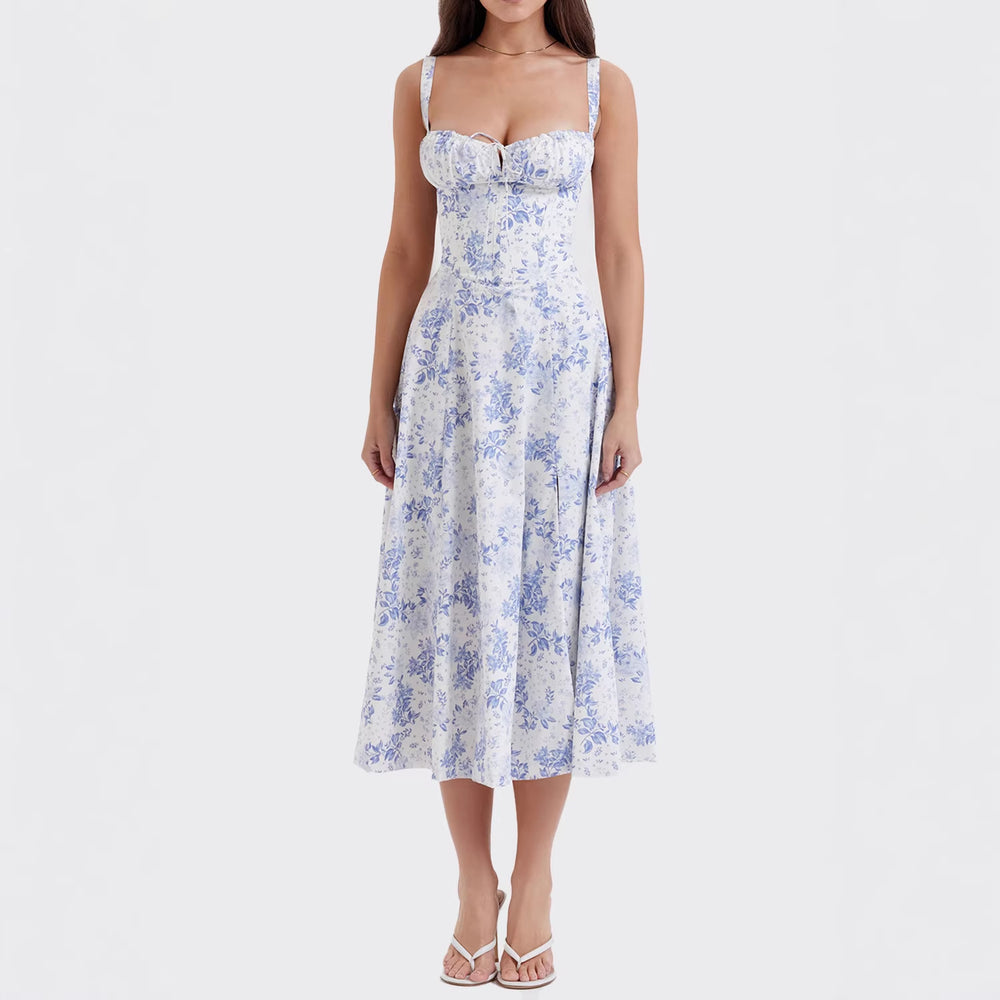 cross-border european and american women's clothing: new summer long dress - printed, cinched waist, sleeveless cami, sexy dress