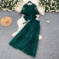French chic lace v-neck two-piece set for women -  summer collection: tie-waist pleated skirt, slimming and elegant