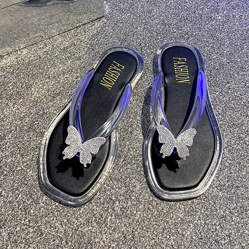 Fashioneasiest for match butterfly flip-flops women's summernew arrival crystal transparent outwearnon-slipabrasion resistant flip-flop sandals