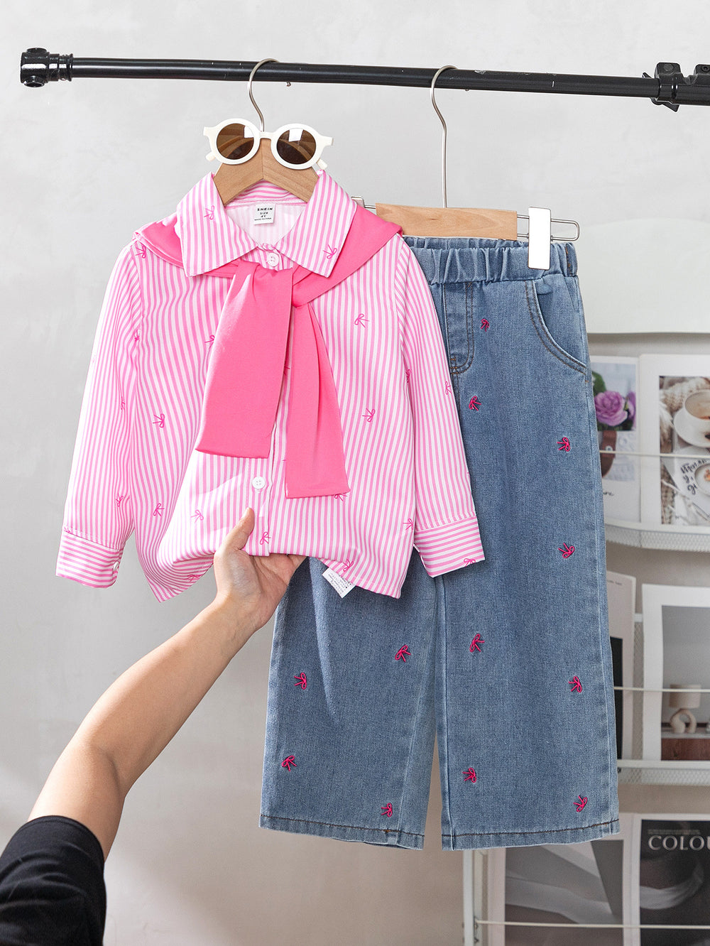 new autumn cross-border girls' collared shirt with color block shawl + embroidered bow denim jeans three-piece set