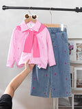 new autumn cross-border girls' collared shirt with color block shawl + embroidered bow denim jeans three-piece set