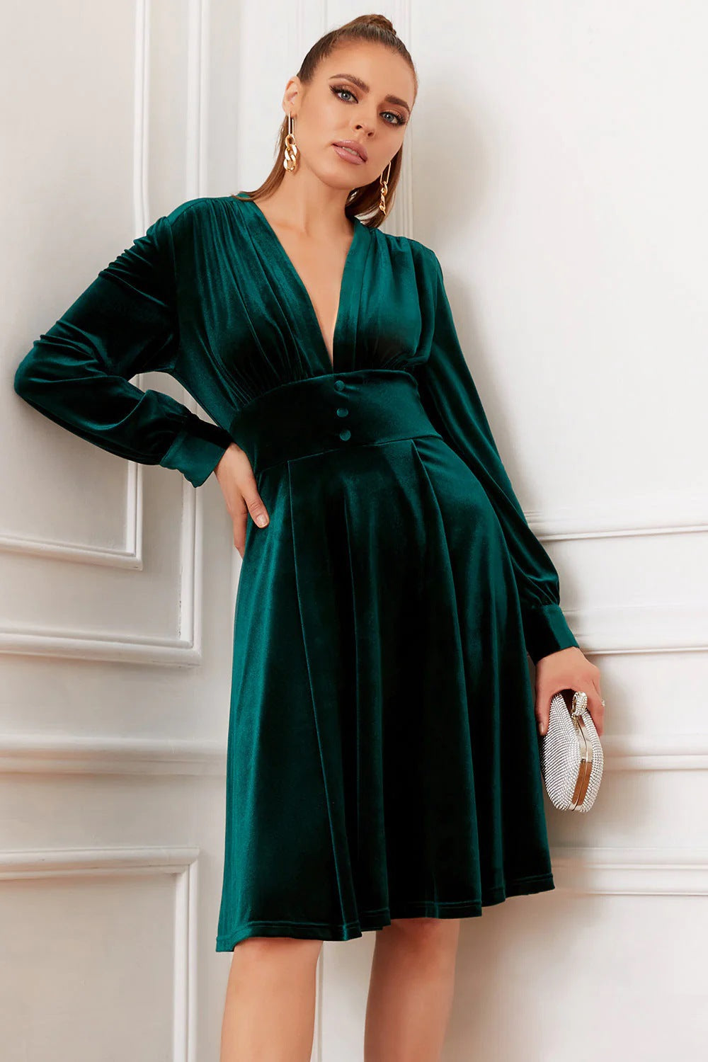 Amazon women's european and american style gold velvet v-neck midi dress,  spring new arrival solid color puff sleeve dress