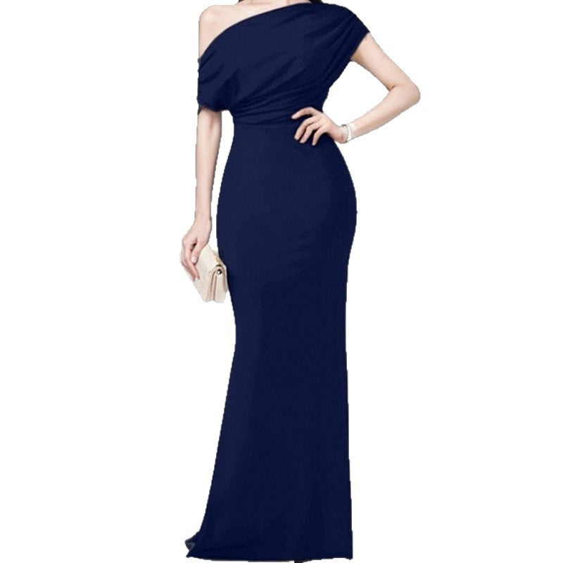 women's summer new arrivals:  cross-border fashion - european & american style, elegant solid color, slim-fit one-shoulder dress