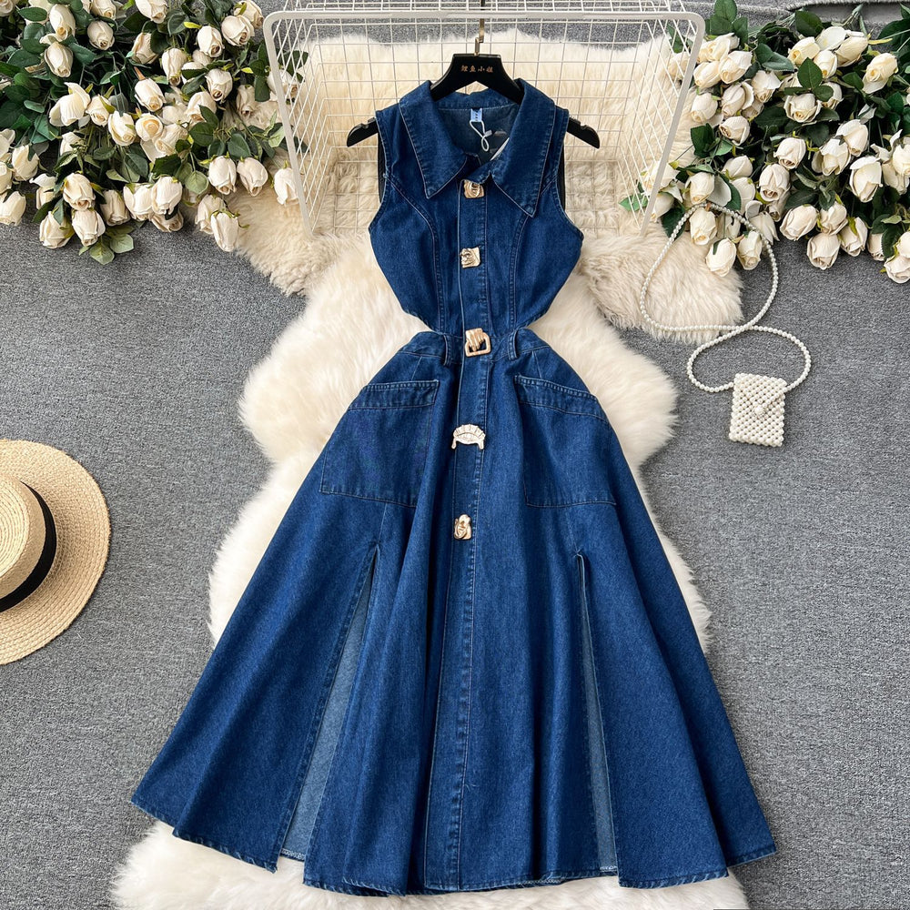Chic hong kong style retro denim dress - women's designer button-down hollow-out slim fit midi dress with slit and knee-length design