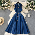 Chic hong kong style retro denim dress - women's designer button-down hollow-out slim fit midi dress with slit and knee-length design