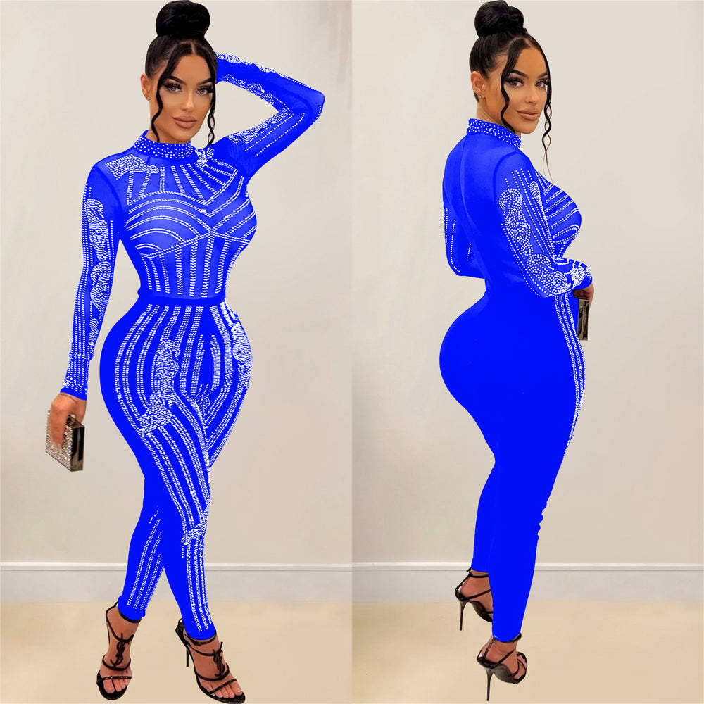 C6247 cross-border   fashion women's solid color mesh rhinestone long sleeve pants jumpsuit
