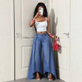 Fashionjeans women's double-layer patchwork slit loose pants high waist pleated large swing drapedmop denim pants