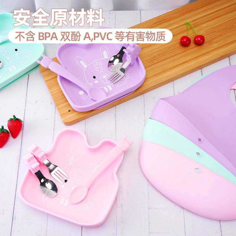 Customized baby silicone tableware, high temperature resistant food grade baby fork and spoon anti-drop children's complementary food silicone tableware set