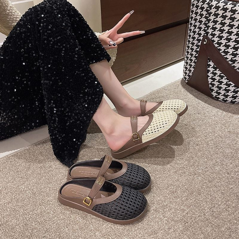 2025 summer new arrival: woven, hollow-out, breathable, minimalist, versatile, casual, comfortable, low-cut, wearable-out, flat, half-slipper women's shoes
