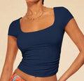 hot-selling new women's fashion: european and american slim-fit solid color short-sleeve summer square neck casual t-shirt for women