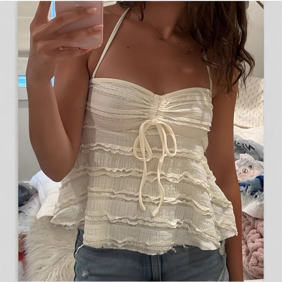 European and american cross-border women's spring  new collection: solid color lace-up bowknot sexy backless halter mini camisole top