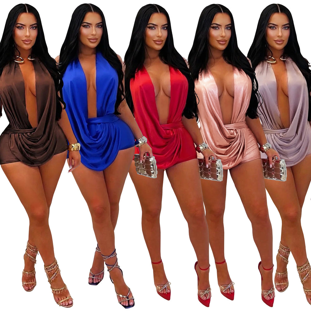 C7798 cross-border  new women's sexy halter deep v waist-cinching shorts nightclub party tie-up jumpsuit
