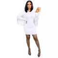 European and american cross-border women's fashion:  autumn hot-selling solid color long sleeve tassel round neck bodycon mini sexy dress