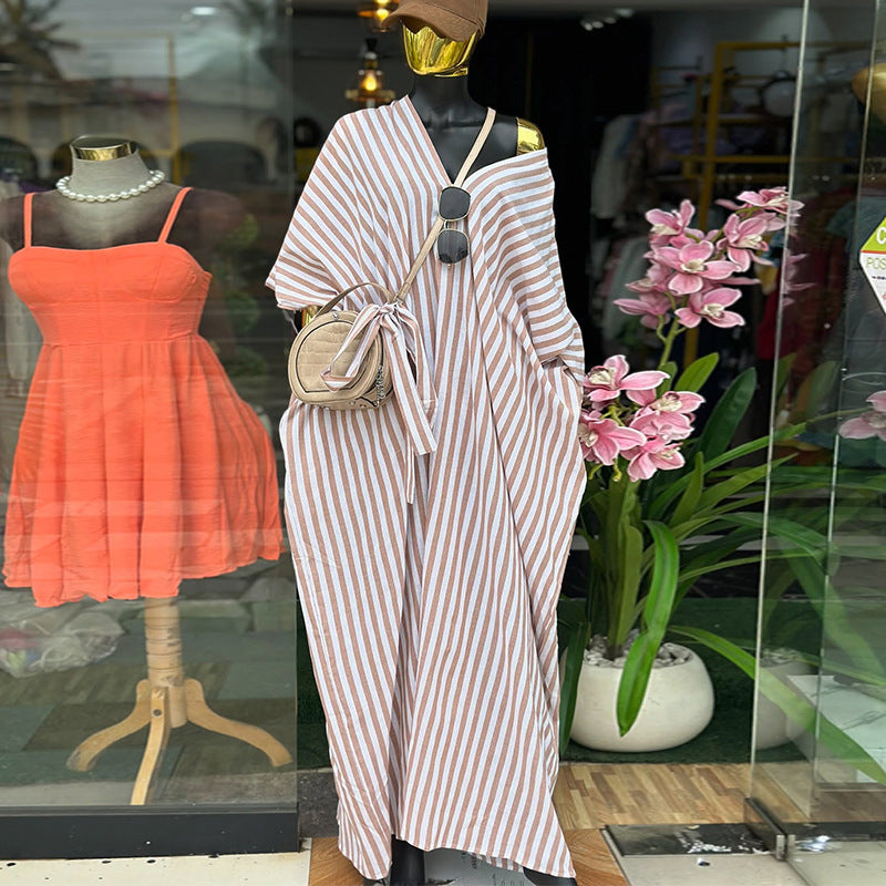 European and american cross-border women's clothing:  spring new arrival - casual chic v-neck loose plus size striped maxi dress