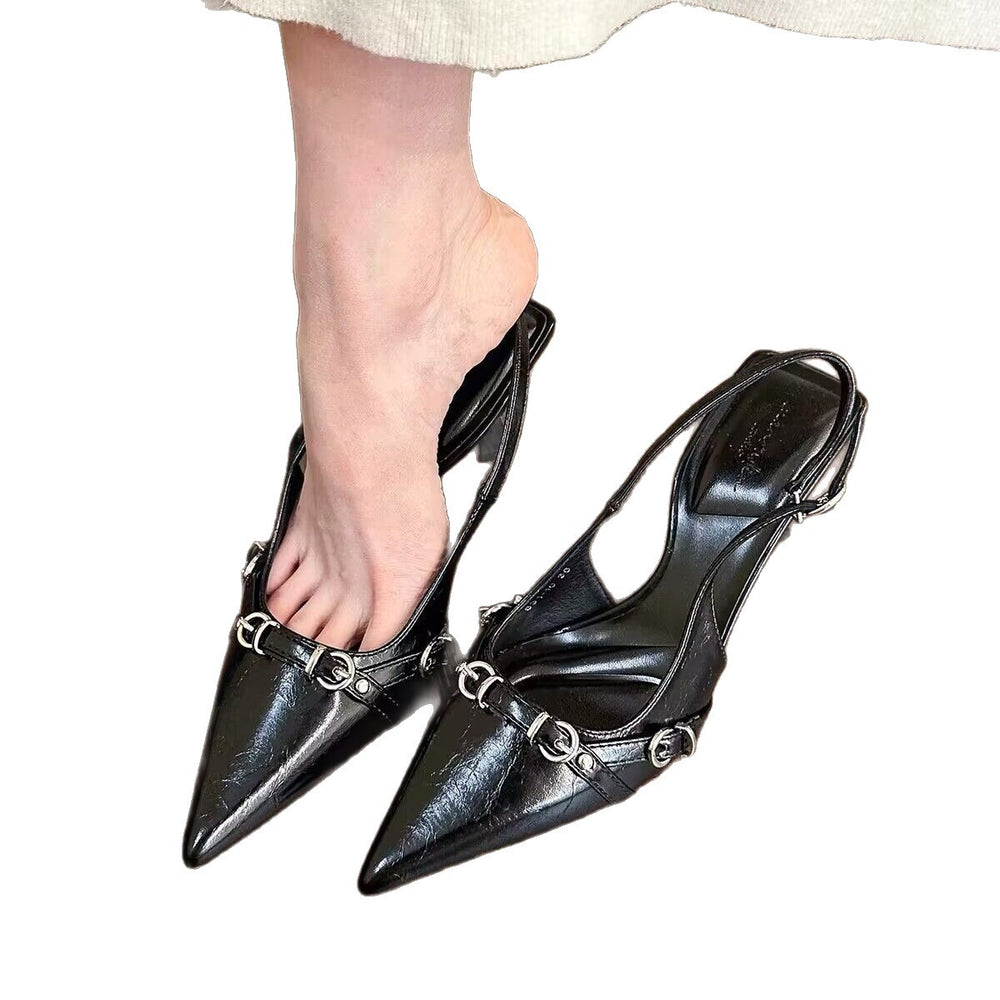 Xiaoxiangfeng black patent leather pointed toe special-shaped heel high-heeled shoes 2025 spring new arrival supermodel same style fashion sandals