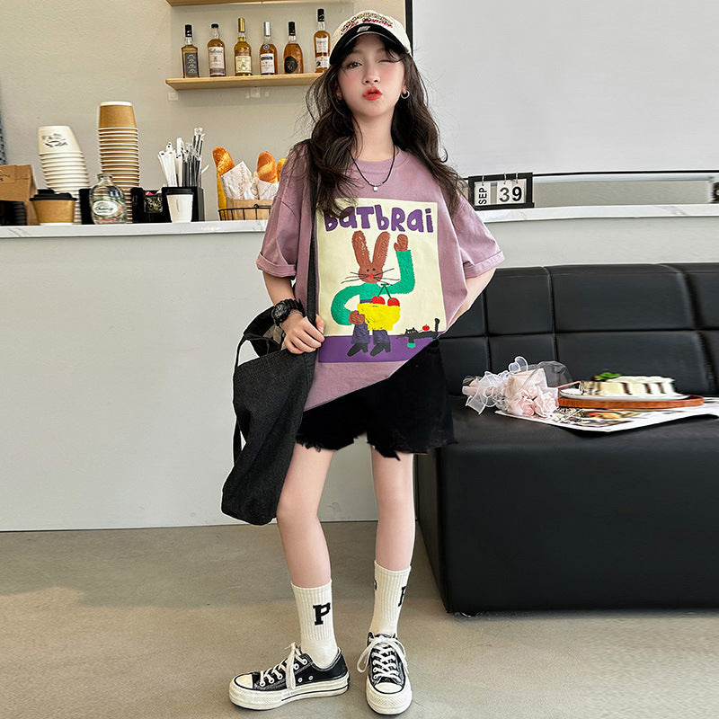 Girls' fashion set - summer  new trendy kids' casual summer outfit - korean style girl's short-sleeve two-piece set - stylish & chic