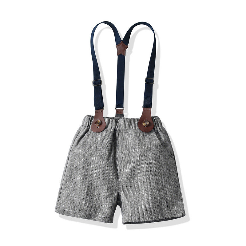 Wholesale children's spring/summer fashion set: trendy blue striped short-sleeve shirt and overalls two-piece outfit