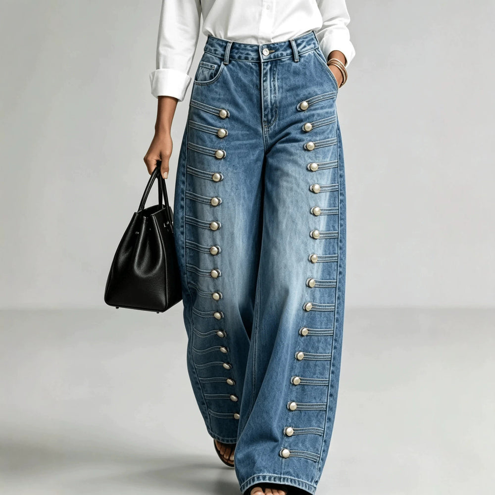Fashionjeans women's side multi-breasted sense of design loose pants washed blue loosedrapedmop denim pants