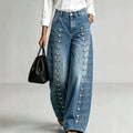 Fashionjeans women's side multi-breasted sense of design loose pants washed blue loosedrapedmop denim pants