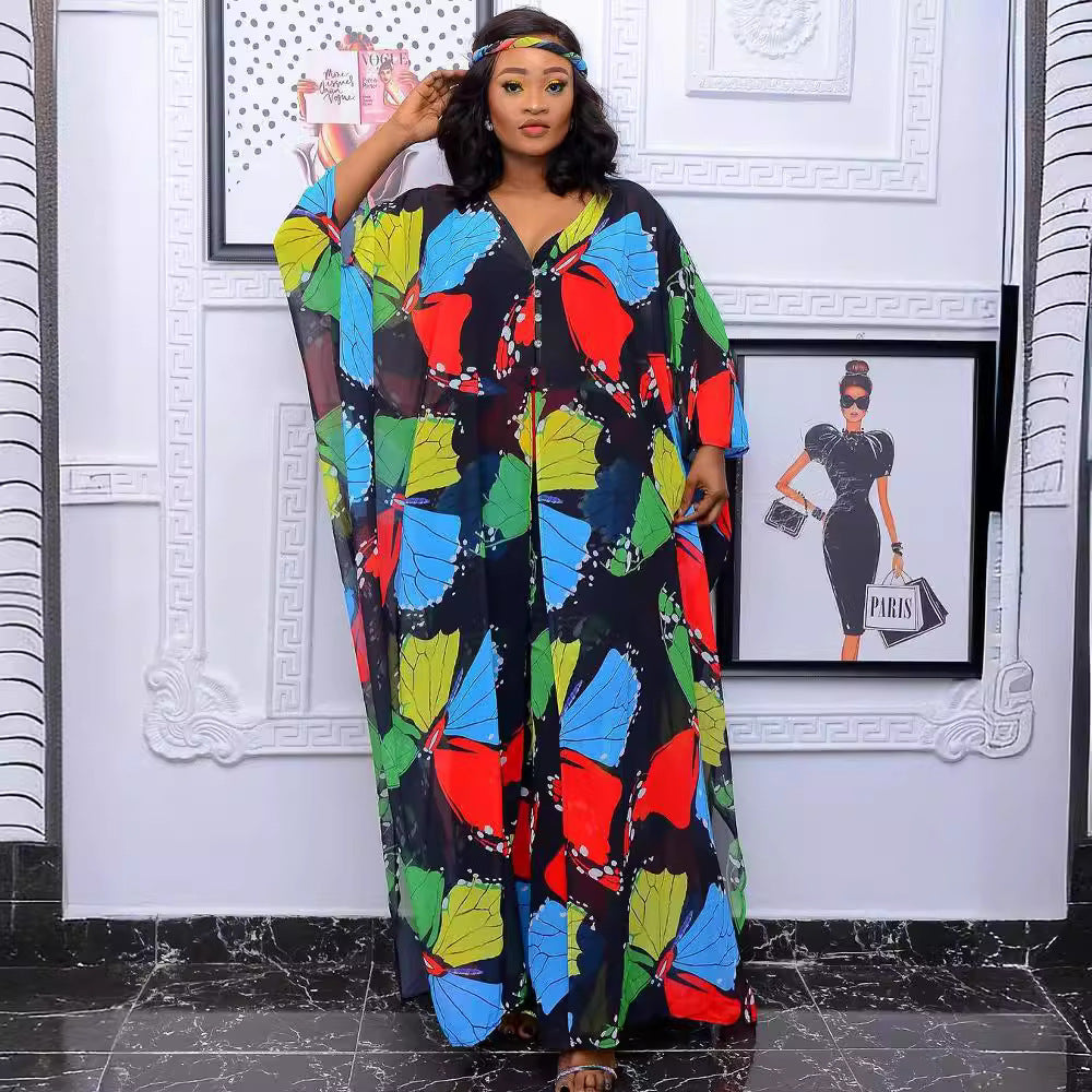 supply: chiffon digital print plus size women's african & european fashion set - robe with loose-fit pants