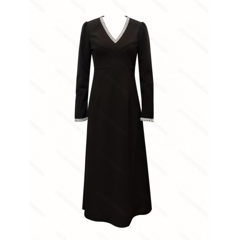 Women's spring/autumn fashionable and elegant v-neck ribbon trim slim-fit long sleeve maxi dress - perfect for casual wear