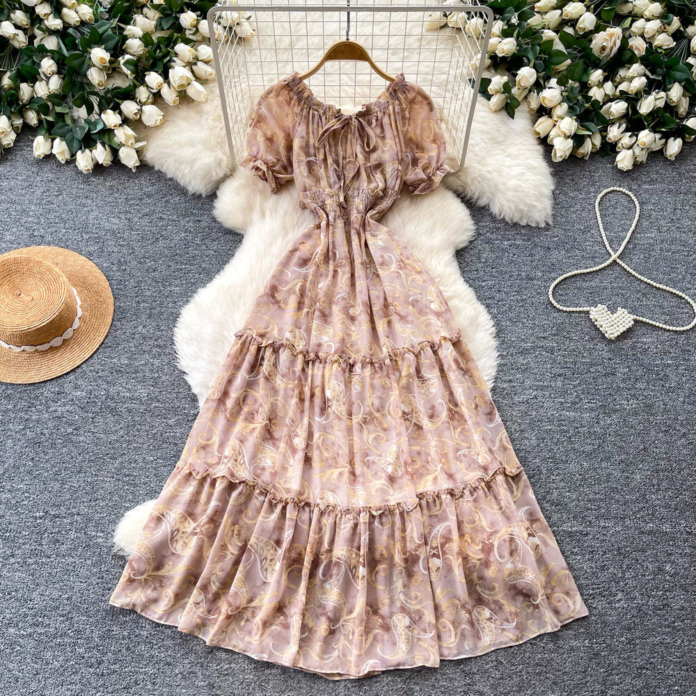 French chic red floral print dress - women's summer korean style ruffle hem a-line maxi dress - slimming and elegant