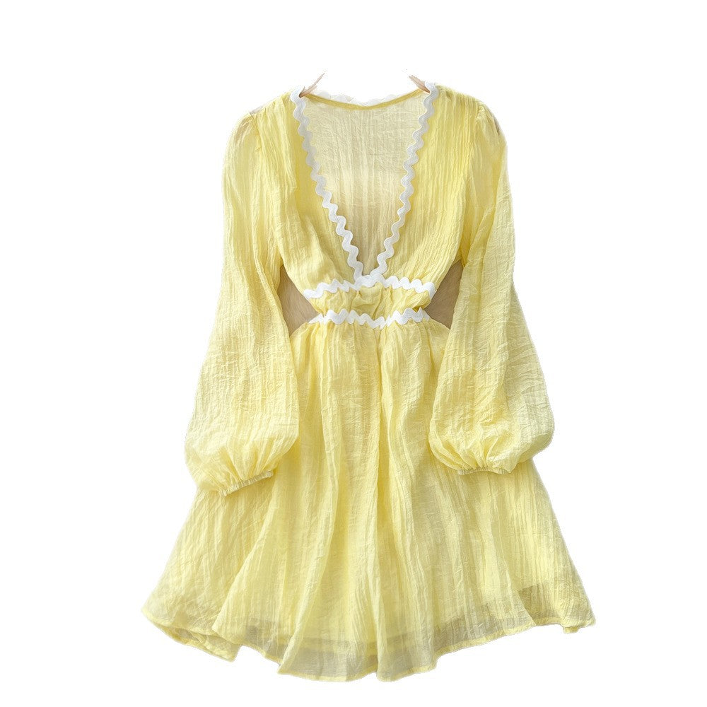 Frenchsexy deep v neck wave edge patchwork waist lantern sleeve dress women's autumslimming looka line vacation skirt