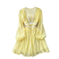 Frenchsexy deep v neck wave edge patchwork waist lantern sleeve dress women's autumslimming looka line vacation skirt