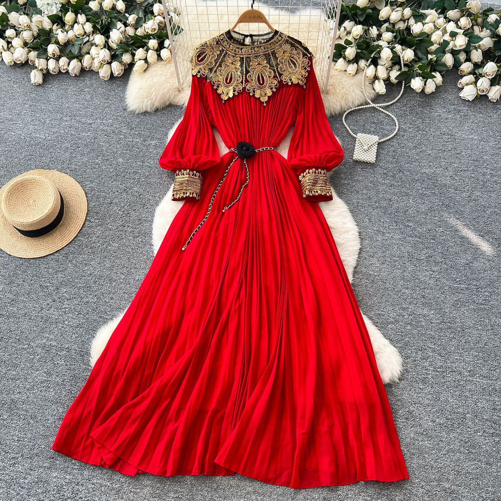 Frenchclassyelegance heavy industry embroidered beads sequin patchwork lantern sleeves straps waist pleated dress women's long skirt