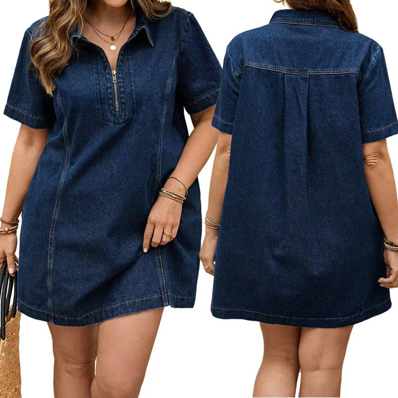 Fashion cross-border  independent station plus size lapel casual mid-length denim skirt short-sleeved loosedress for women