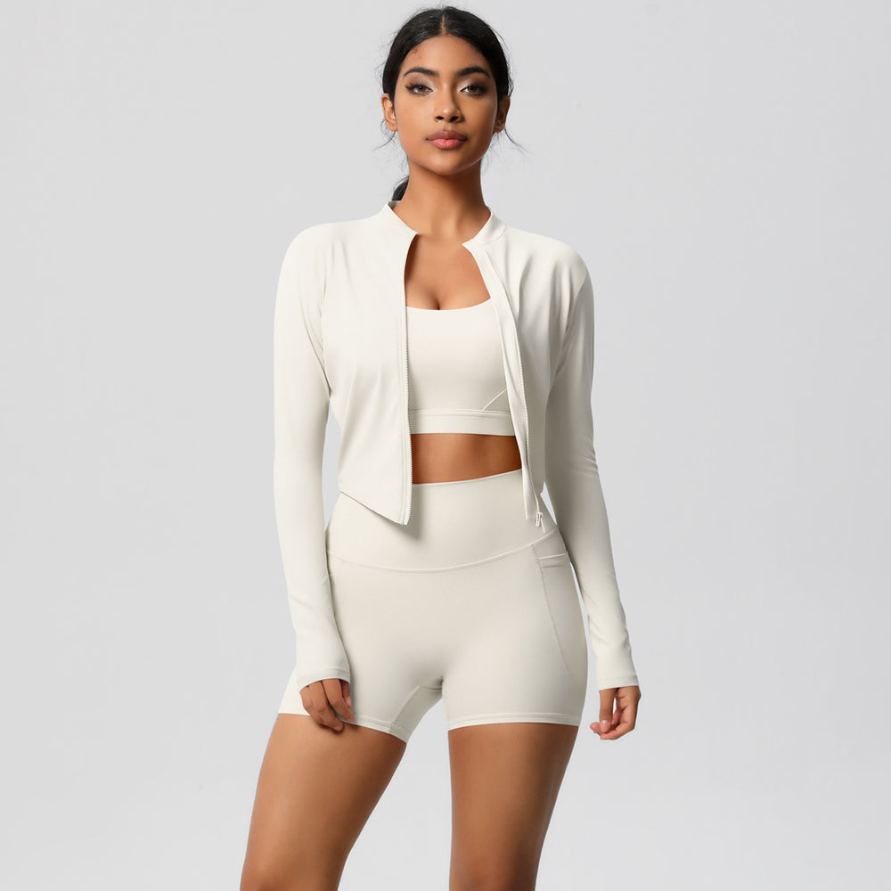 High-waisted brushed fleece tight pocket yoga set - cloud-soft quick-dry activewear three-piece outfit for outdoor leisure, running, and fitness