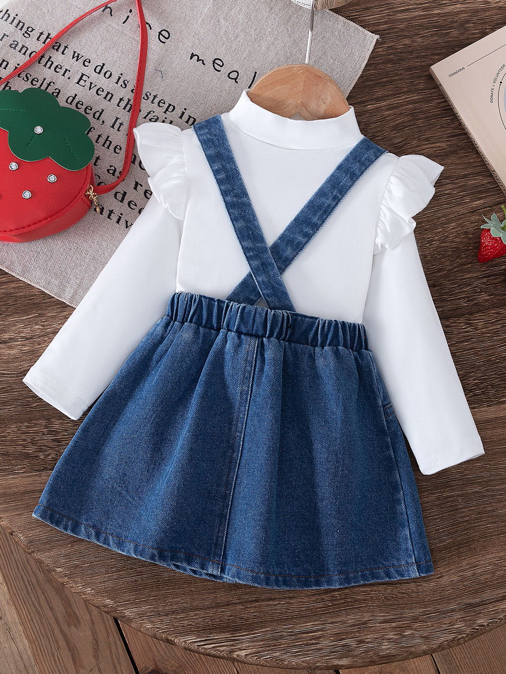 new autumn cross-border baby & toddler flutter sleeve printed top + embroidered denim suspender skirt with bag 3-piece set