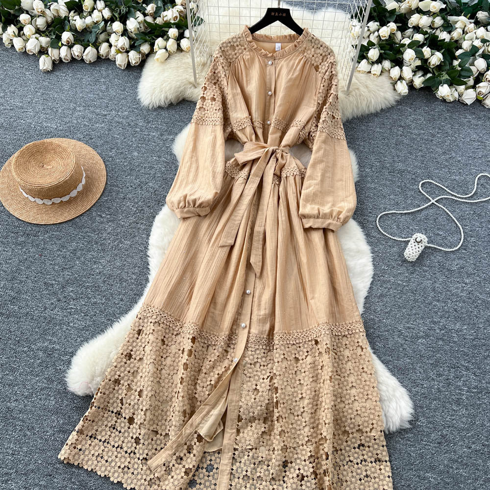 French retroelegancedress women's new arrivalclassy lacepatchwork strap waist elegant long skirt