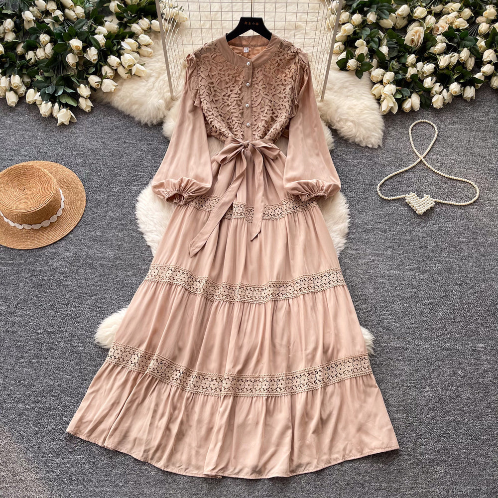 French retro court style lace hollow-out maxi dress - stand collar, summer korean style, long sleeve, cinched waist a-line dress for women