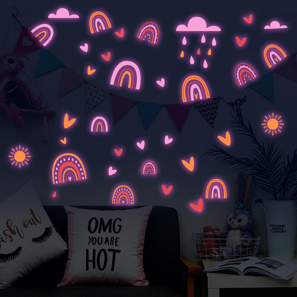 Cross-border new rainbow moon sun pink luminous creative self-adhesive sticker for home decoration removable